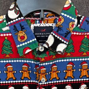Denim & Flower Christmas Men's Shirt with Reindeer, Trees Gingerbread Men, Santa
